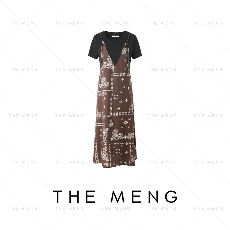 THE MENG【月上枝头】亚麻优雅通勤印花短袖连衣裙#M252G0657