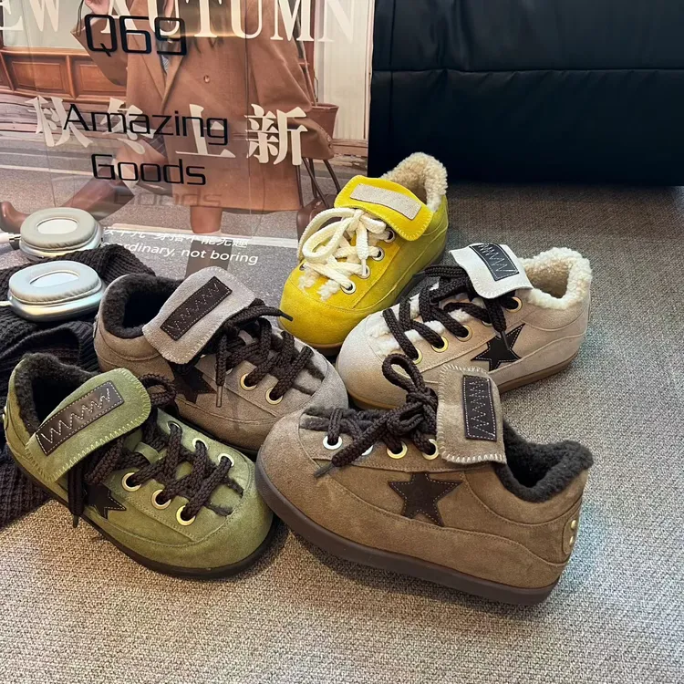 广州欧货【豆丁】秋冬加绒真皮4cm系带复古学院气质百搭松糕鞋