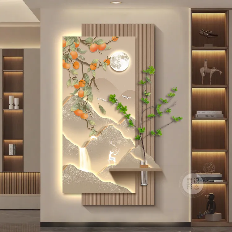 日照金山玄关装饰画轻奢大气入户正对门挂画高级感叠加带绿植壁画