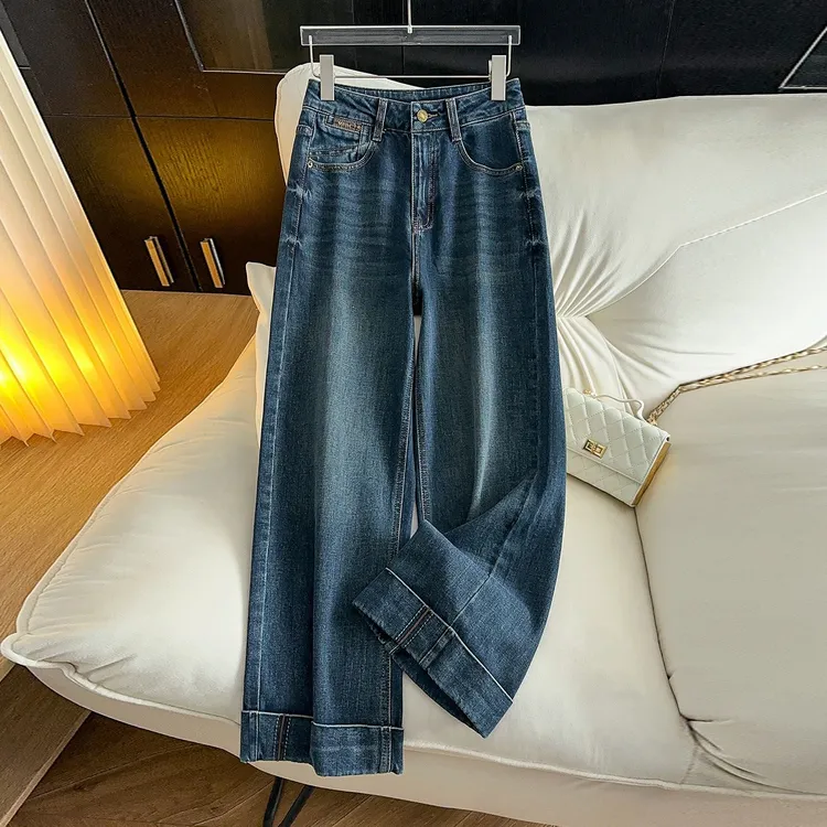 2025秋季新款高腰阔腿直筒牛仔裤宽松夏季显瘦复古直筒裤女