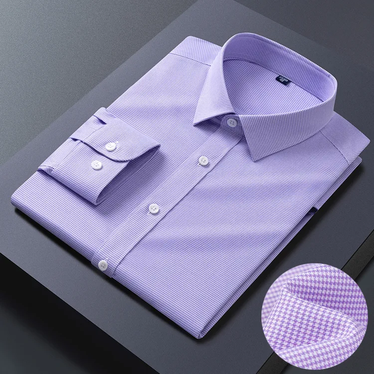 春季男士长袖衬衫免烫抗皱商务休闲紫色千鸟格正装薄款职业衬衣