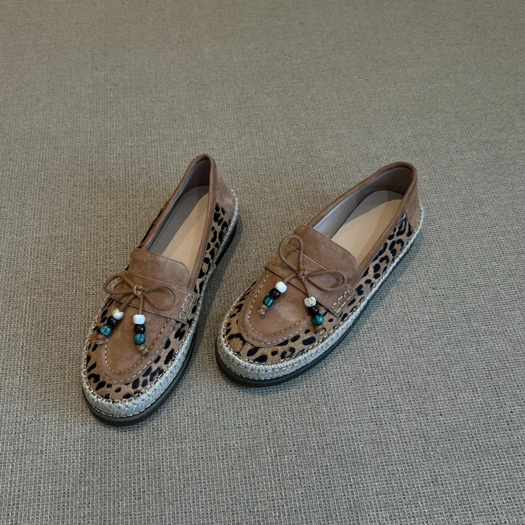 羊皮版！2025新款复古时尚圆头豹纹蝴蝶结珠子浅口单鞋软底玛丽珍