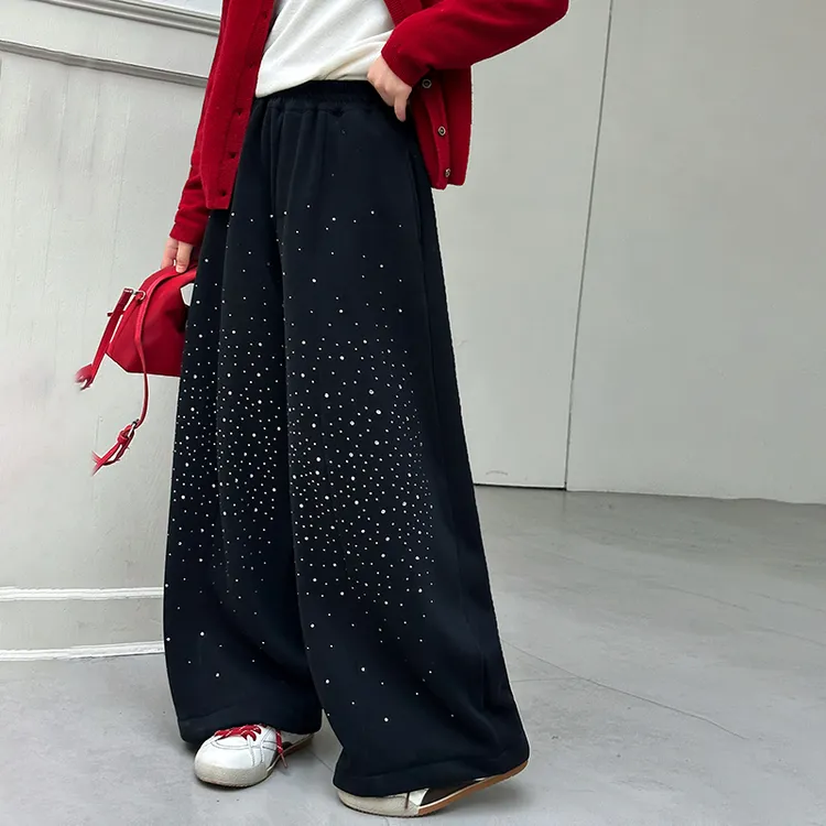 儿童冬装童装女童加绒黑色裤子阔腿直筒裤秋冬季一条过冬运动卫裤