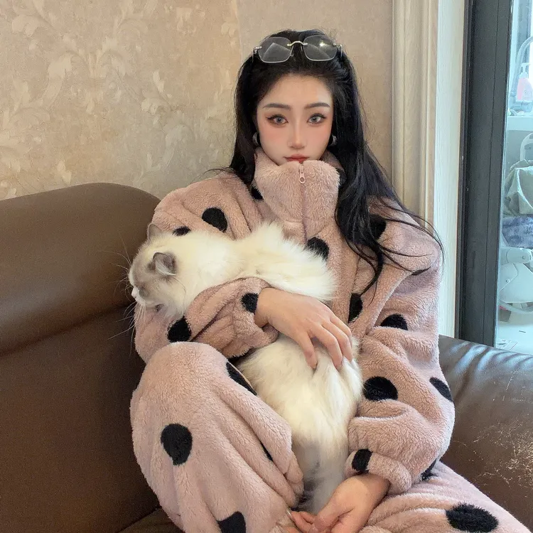 【原版1500g】冬季新款外穿时尚波点加绒加厚天鹅绒睡衣家居服套装