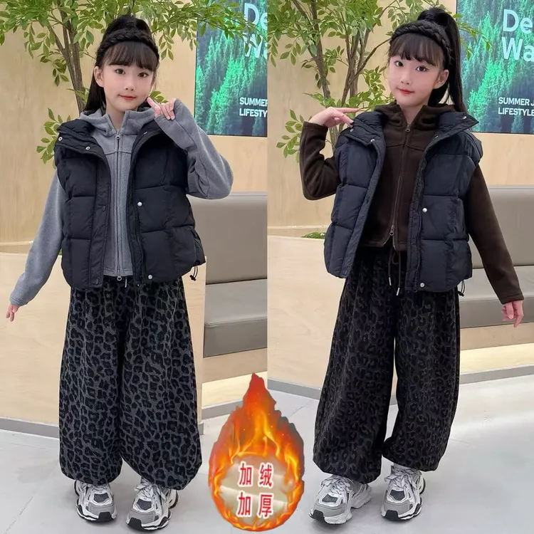 女童棉衣马甲2025新款时尚女大童秋冬一体绒儿童豹纹裤马甲三件套