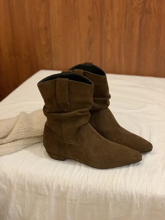 软皮百搭极简堆堆靴韩版气质尖头短靴磨砂女靴平底褶皱瘦瘦靴