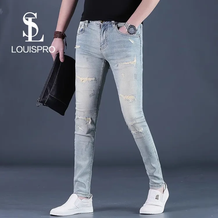 Louispro高品质男士破洞牛仔裤夏季新款潮牌修身小脚长裤九分裤男