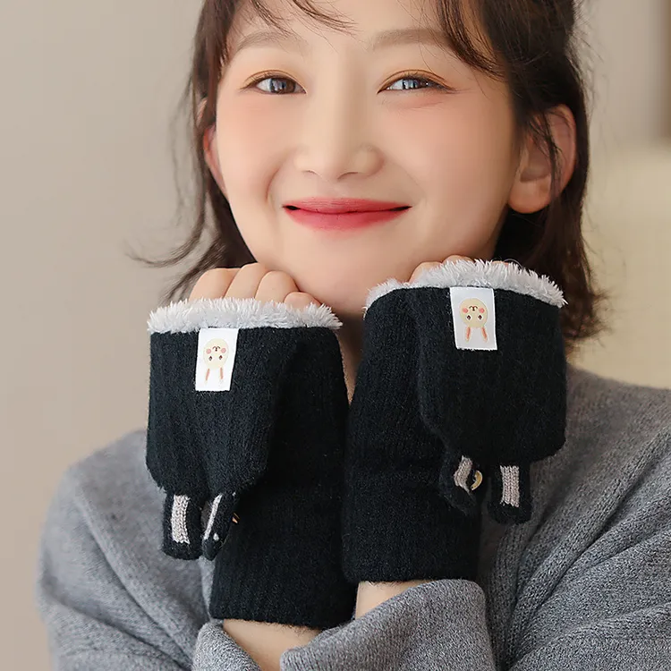 【店主优选】翻盖手套女冬天加绒加厚双层骑行防寒露指棉毛线ins可