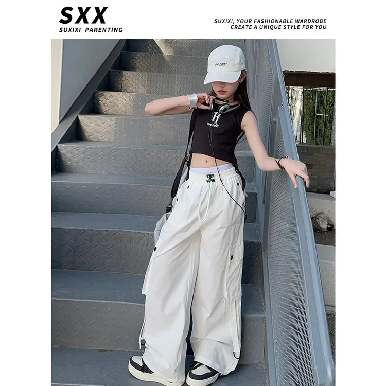 女童女孩白色工装裤夏季薄款美式裤子高腰爵士舞休闲运动新款洋气
