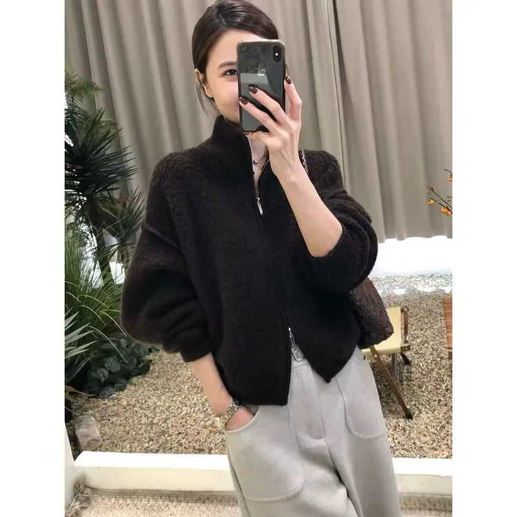 韩系立领双拉链颗粒绒外套女秋冬新款毛毛开衫短款加厚小个子上衣