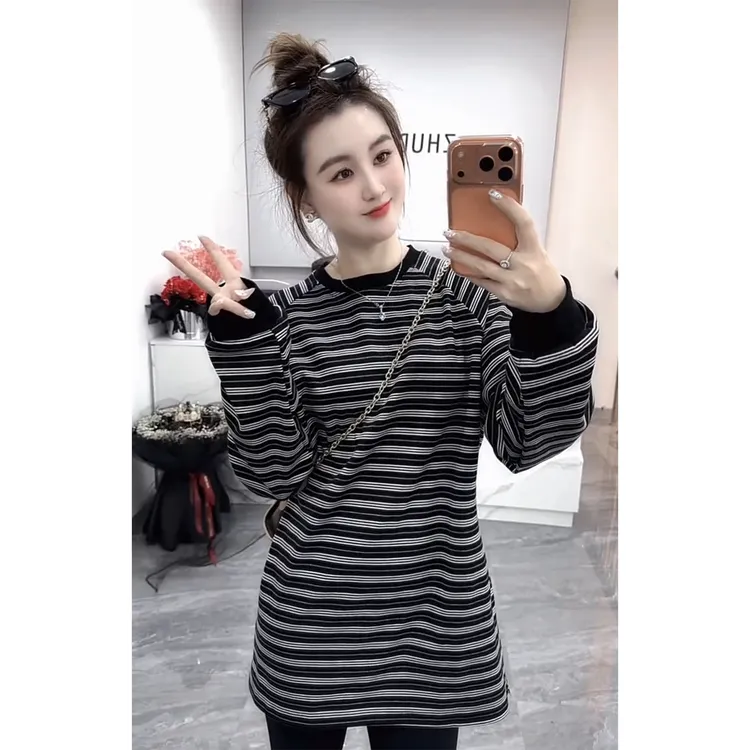 韩国百搭显瘦条纹中长款T恤女冬季新款时尚洋气休闲慵懒风长袖T恤