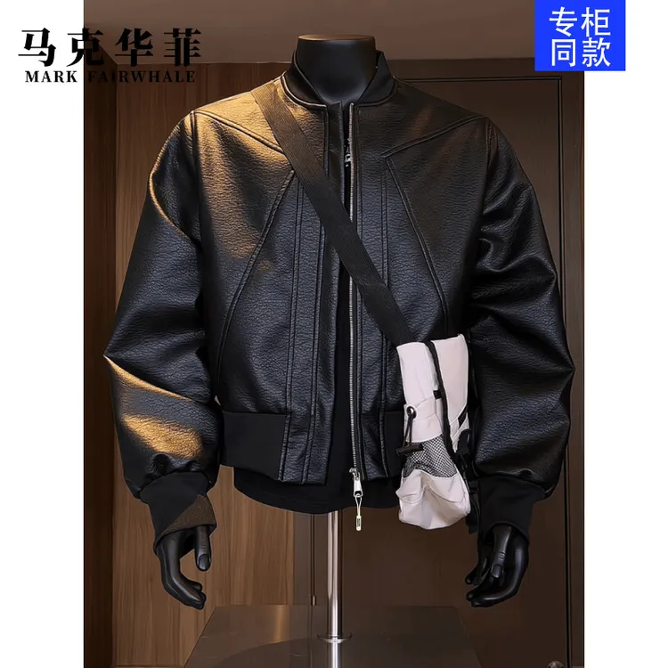 马克华菲秋季球领短款皮衣夹克立领韩版休闲春秋百搭宽松外套男