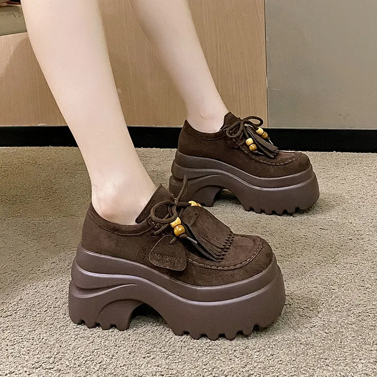 松糕厚底单鞋女2025新款秋季百搭流苏复古乐福鞋增高英伦风小皮鞋