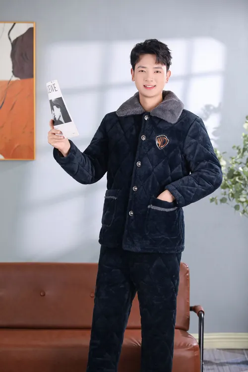 冬季男士三层夹棉加厚特厚牛奶绒家居服睡衣保暖防寒