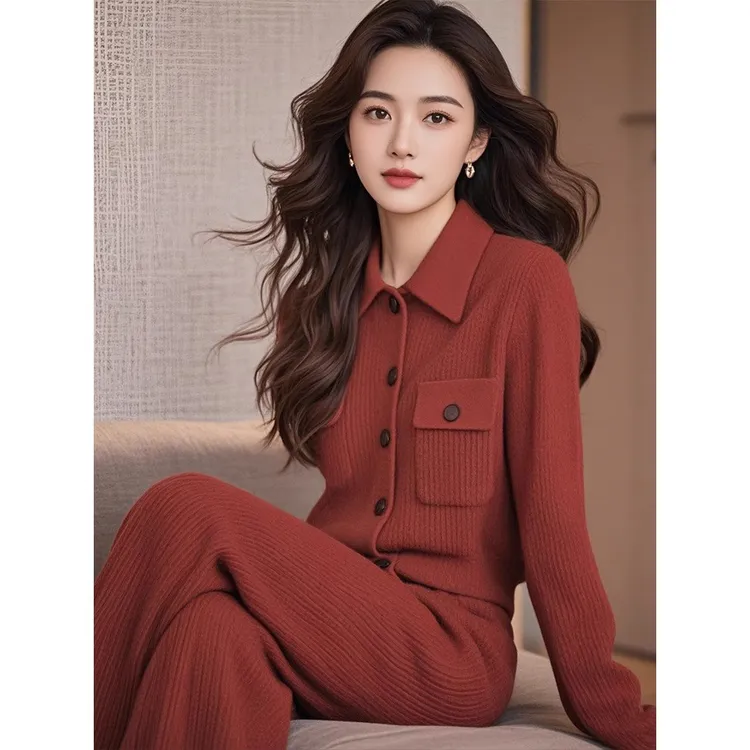 冬季女装富家千金感穿搭高端小香风红色毛衣阔腿裤针织套装女