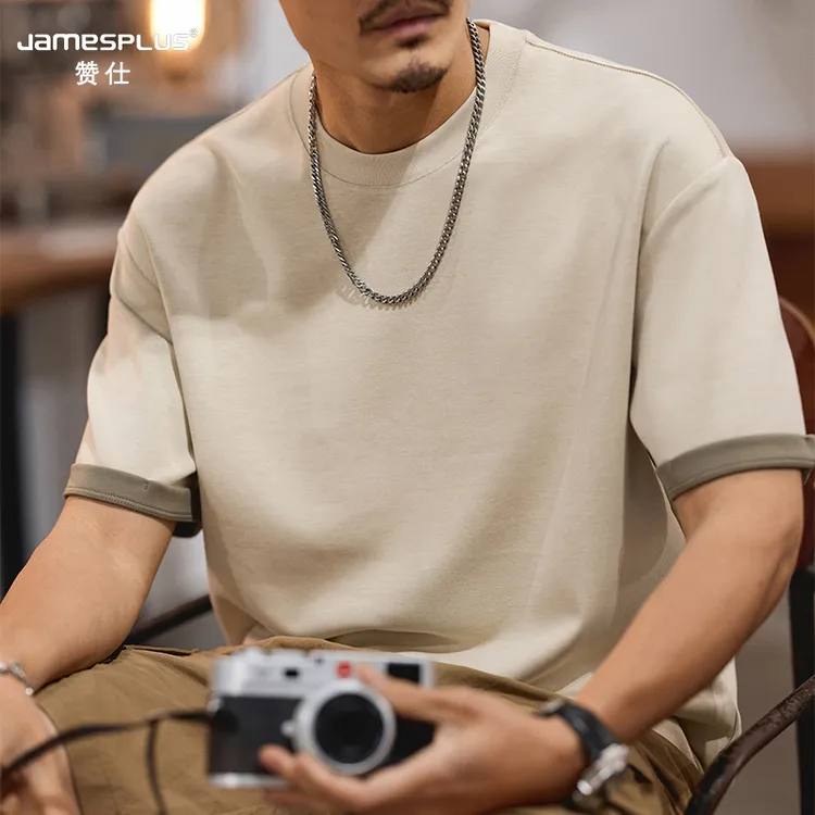 撞色拼接短袖T恤男士2025新款夏季宽松圆领双面空气层凉感体恤衫