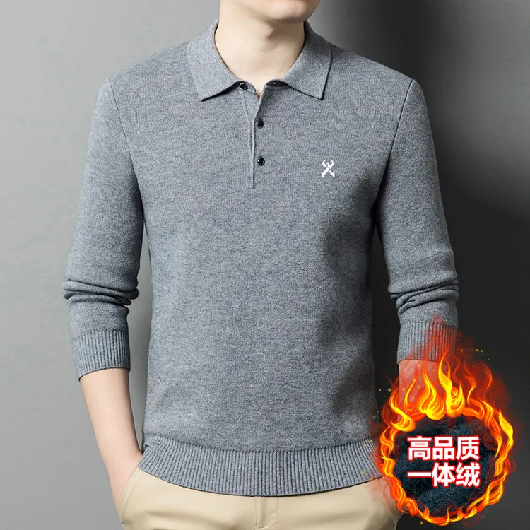 专柜正品2025冬季新款男士刺绣针织打底羊毛衫男加绒保暖毛衣翻领