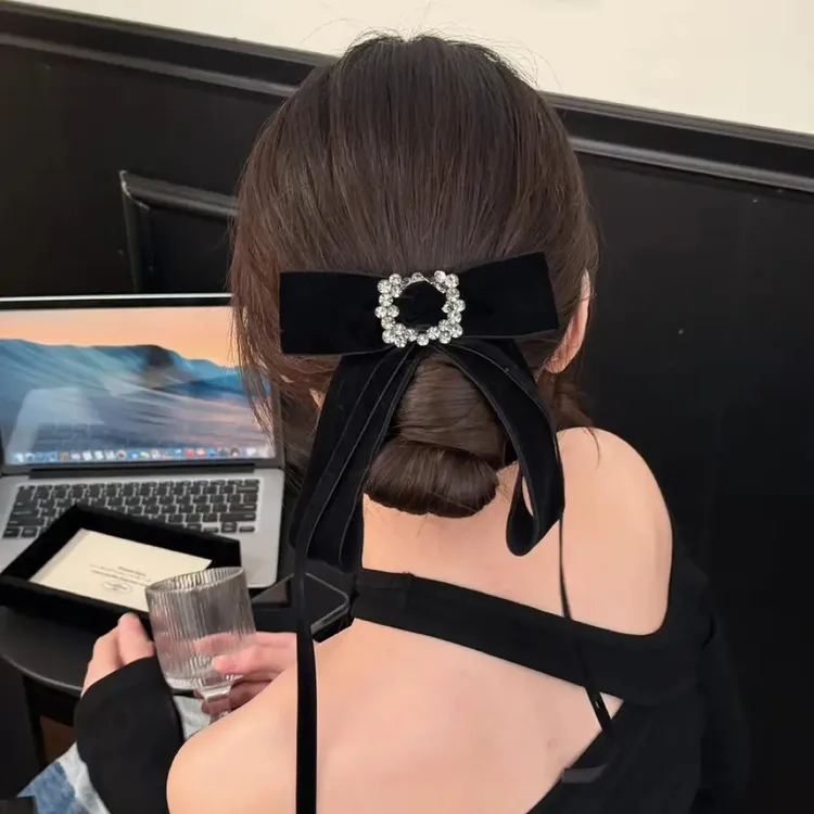 双面植绒~2025新款秋冬丝绒仙女气质弹簧夹发饰女蝴蝶结丝带发夹