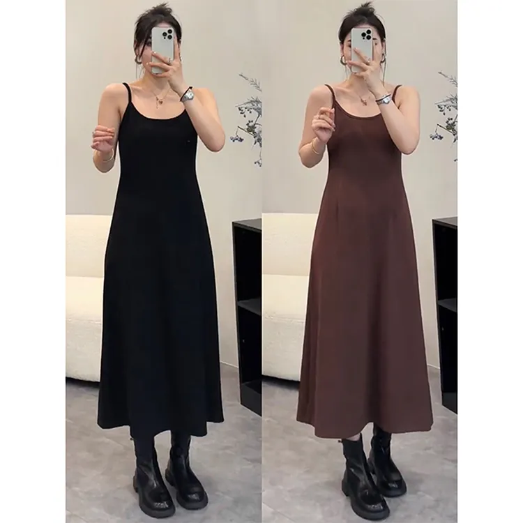 大码女装胖mm简约纯色针织吊带连衣裙女夏季气质显瘦遮肉打底长裙