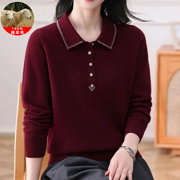 妈妈羊毛衫女100%纯羊毛翻领套头毛衣中老年人新款秋冬宽松打底衫