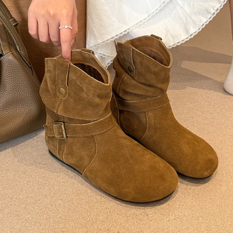 elingstudio 韩系舒适！秋冬圆头勃肯短靴女2025新款冬季平底靴子