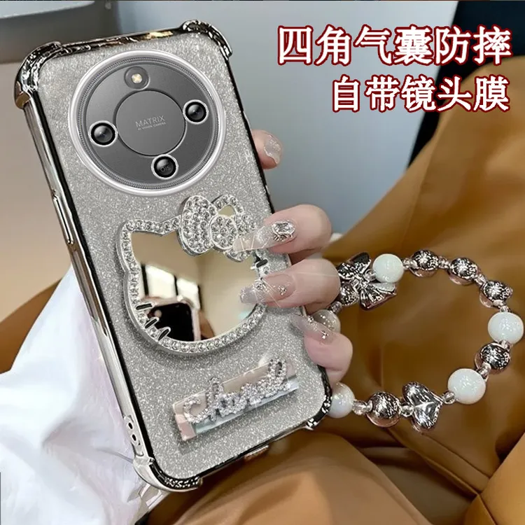 水钻KT猫补妆镜子荣耀X70手机壳全包MTN-AN00四角防摔Honorx70气
