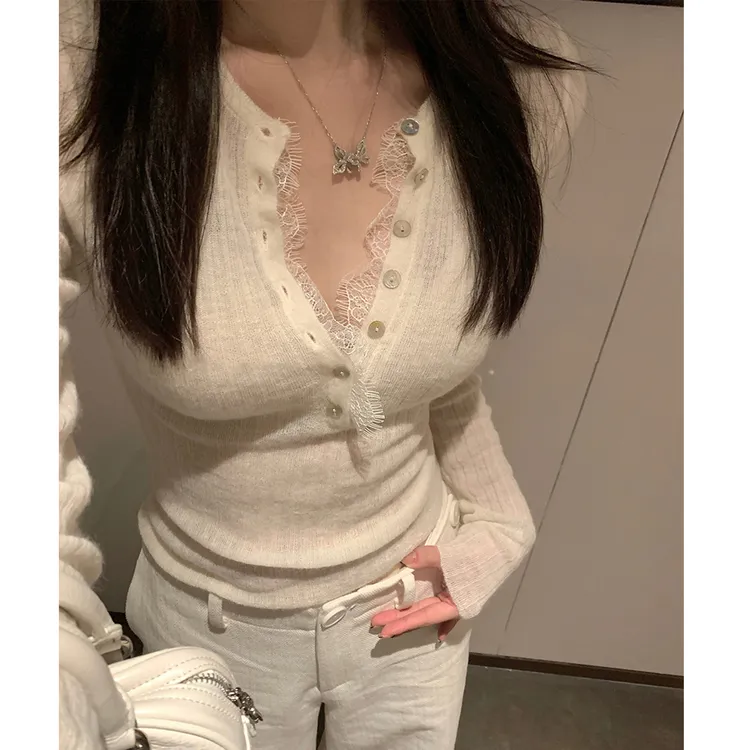 羊毛衫纯欲风蕾丝内搭针织衫女秋冬外穿修身显瘦高级打底辣妹上衣