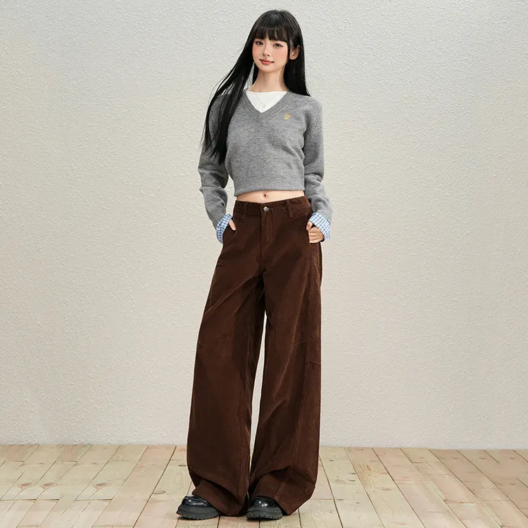 新款美式复古美拉德灯芯绒阔腿裤女设计感拼接宽松直筒长裤休闲裤