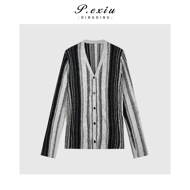 山羊绒羊毛氛围感竖条纹撞色V领针织开衫 D426