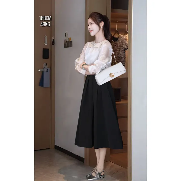 秋季温柔系穿搭女2025新款韩版富家千金百搭长袖衬衫半身裙两件套