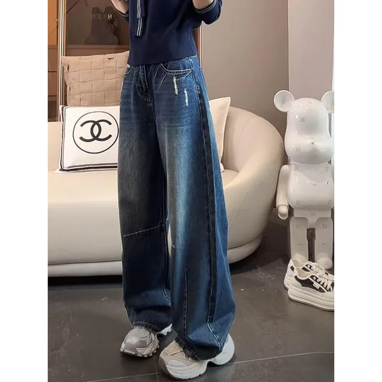 韩系复古磨破弯刀阔腿牛仔裤女秋季深蓝色高腰宽松百搭直筒拖地裤