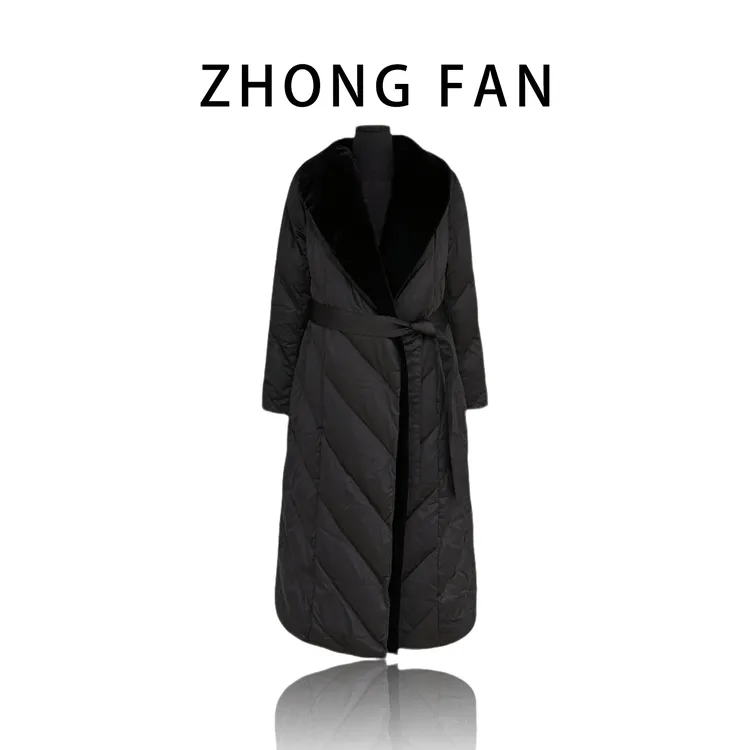 冬季新款白鹅绒真丝丝绒领口气质中长款系带鹅绒服434款