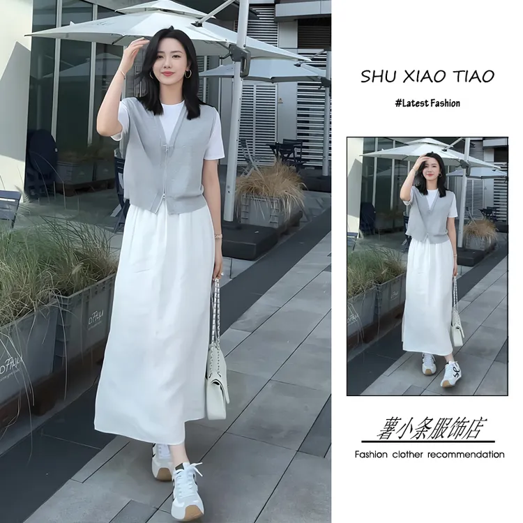 夏季流行穿搭一整套新款2025韩系简约时尚显瘦假两件T恤半裙套装