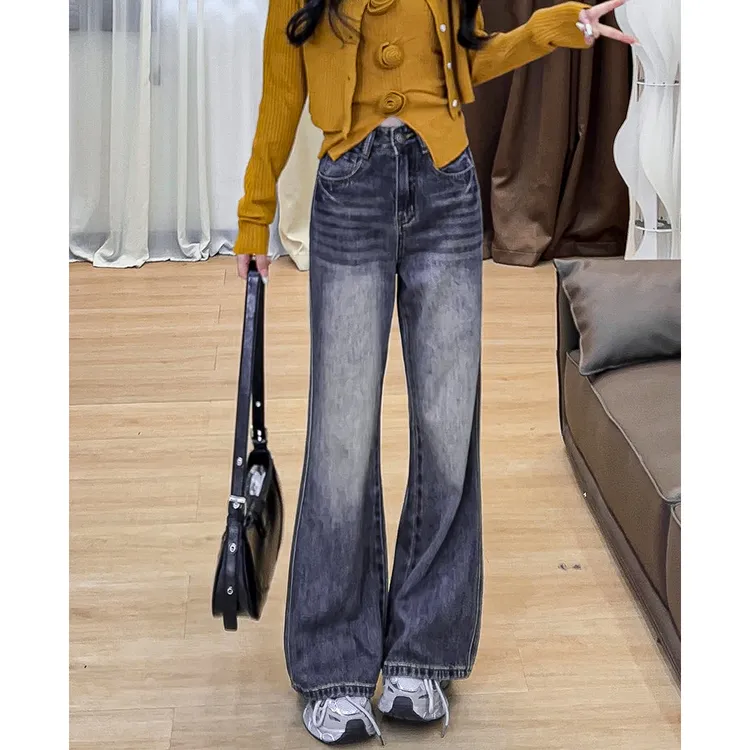 220复古灰美式辣妹高腰微喇牛仔裤女直筒宽松显瘦喇叭阔腿长裤潮