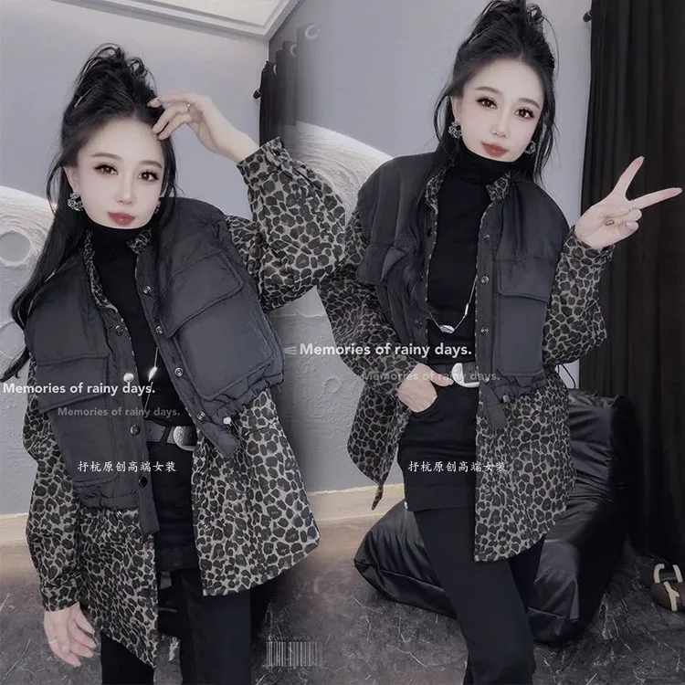 韩版重工拼接加厚马甲假两件夹棉外套2025冬季新款加绒时尚棉衣女