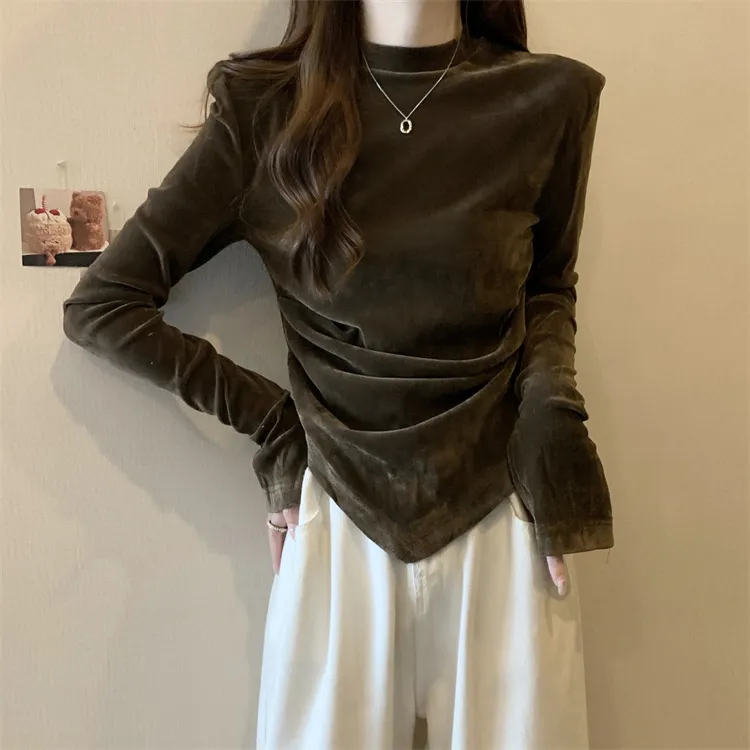 大码金丝绒正肩长袖T恤女秋冬季胖mm显瘦半高领不规则打底衫上衣