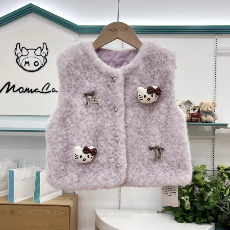 MOMOCO女童冬季时尚可爱保暖卡通猫咪毛毛夹棉马甲77830132003