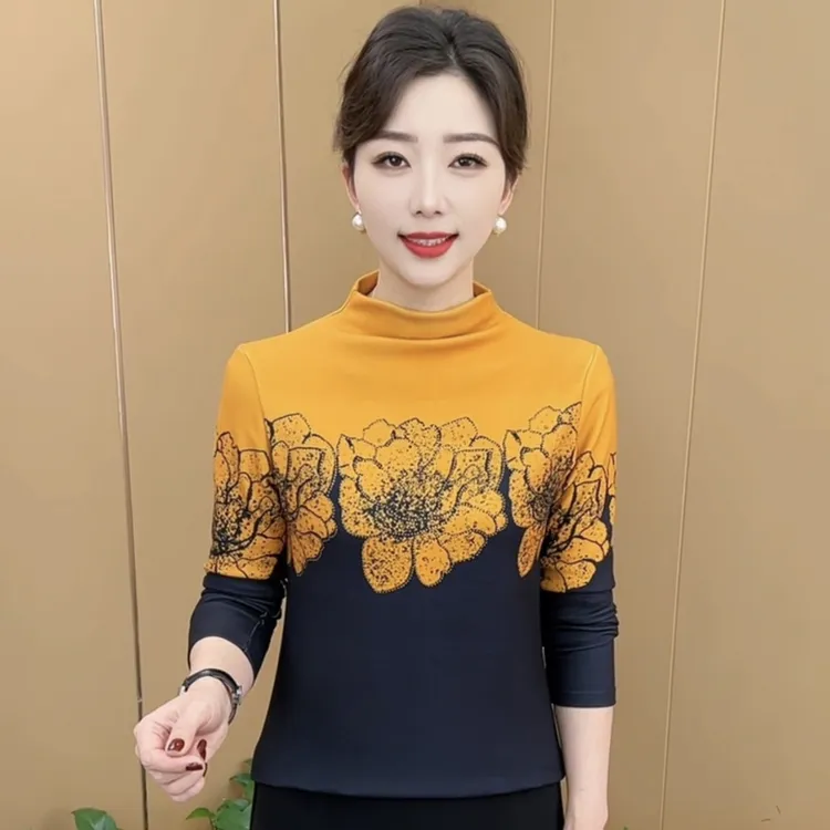 秋冬新款时尚双面绒印花烫钻洋气妈妈装潮流百搭气质打底衫K5022