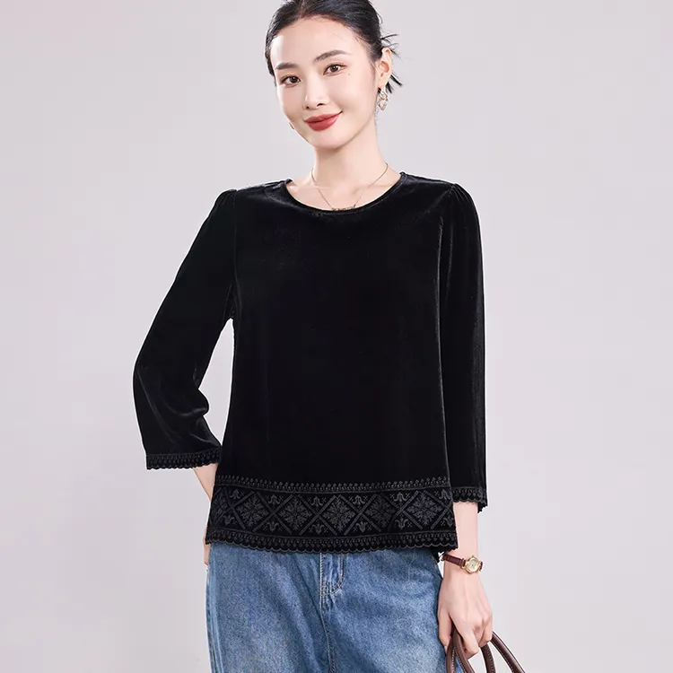 高级感真丝丝绒上衣女圆领九分袖桑蚕丝T恤刺绣显瘦妈妈外套春秋