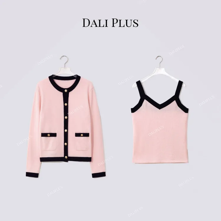 DALI PLUS“100山羊绒”套装系列 粉黑满分针织+背心-D5ST1348