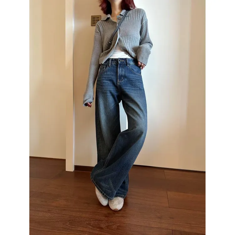 秋季新款洋气时髦精品高腰直筒阔腿裤时尚百搭通勤宽松显瘦牛仔裤