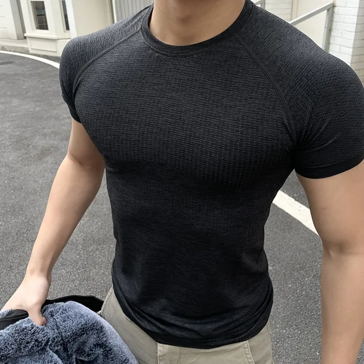 GTAL美式无缝提花运动短袖纯色速干训练健身弹力修身圆领上衣T恤