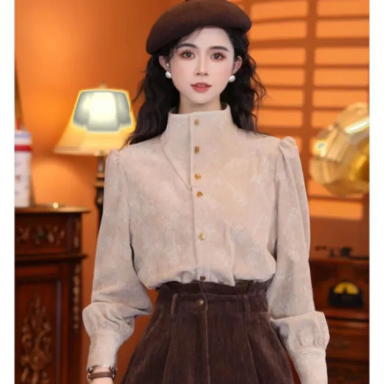 秋冬复古加厚压花长袖衬衫不规则领通勤百搭上衣