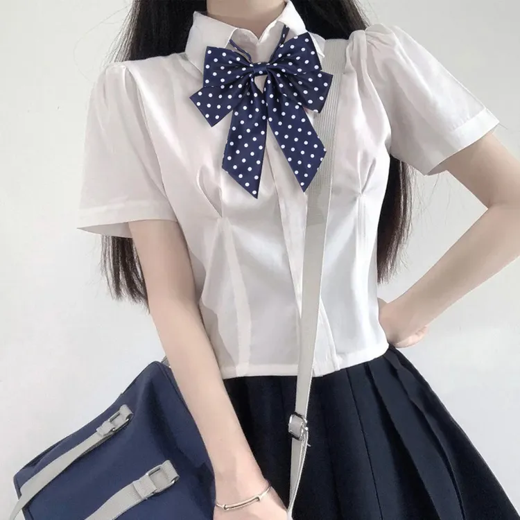 织梦寮波点免打直条巾领结长柄JK学院风免打衬衫水手服蝴蝶结配