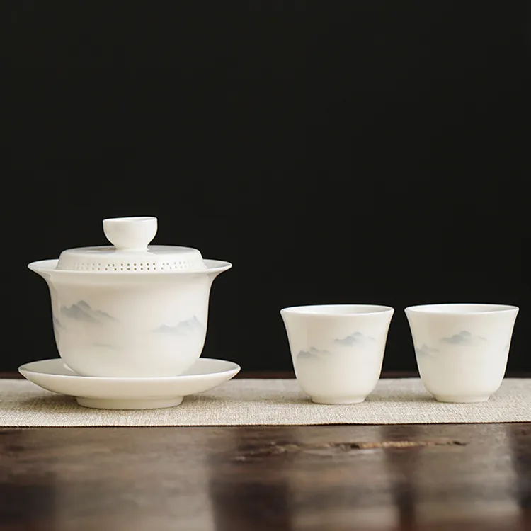 脂玉瓷悬停盖碗手工防烫泡茶器中式禅意茶室茶具带滤孔三才碗茶