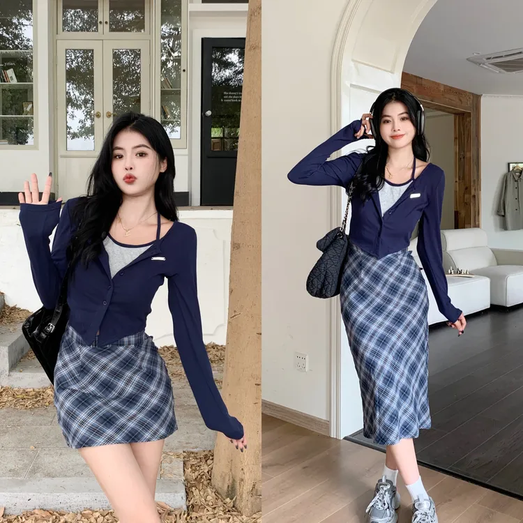 大码设计感假两件挂脖上衣女秋胖妹妹高腰显瘦格子半身裙辣妹穿搭