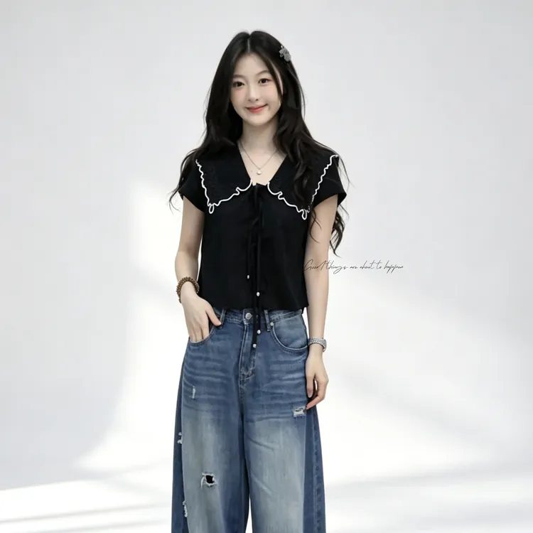 【闵笑一】墨汐 黑色花边娃娃领短袖衬衫女小众显瘦气质百搭上衣