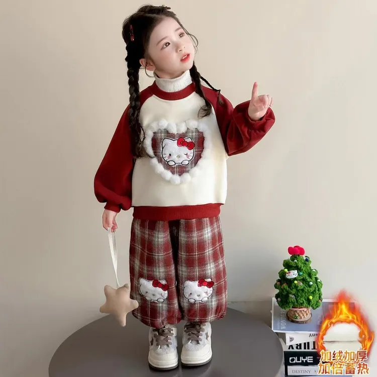 2025秋冬季加绒套装新款儿童洋气加厚卡通卫衣格子卫裤两件套