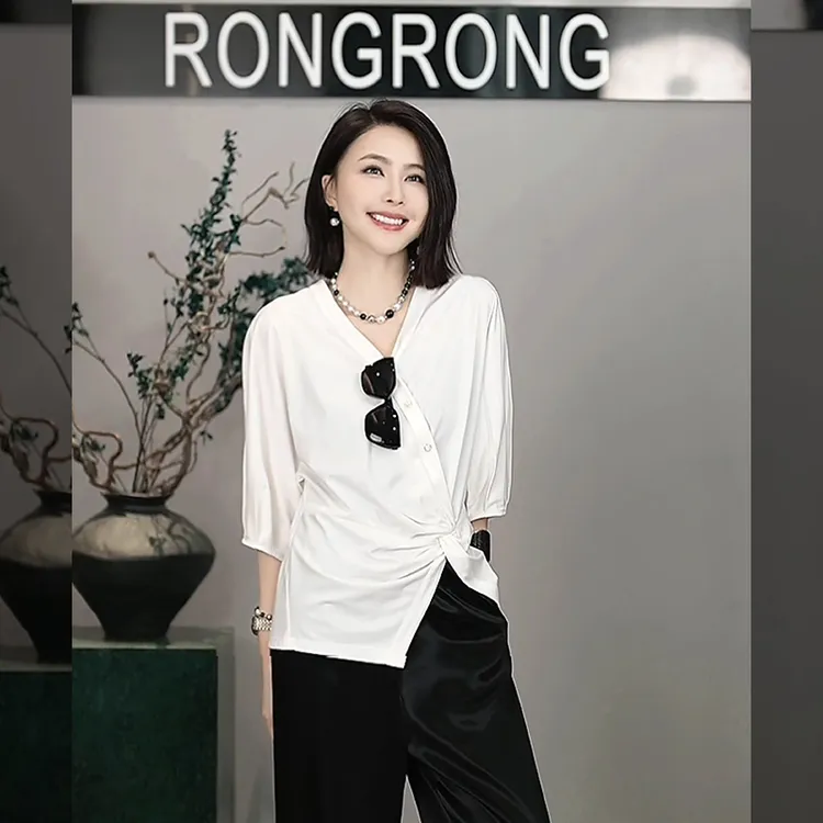 溶溶【漫墨听月】RONRGONG 桑蚕丝千金风显瘦短袖上衣T恤 C-M206003
