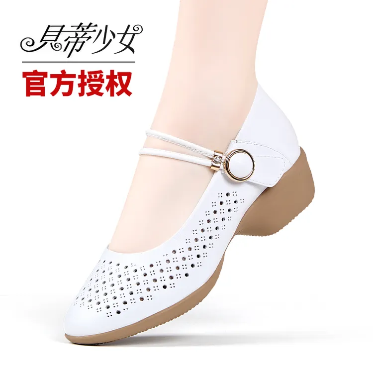 贝蒂少女平底镂空单鞋夏季真皮舞蹈鞋软底舒适妈妈鞋洞洞鞋百搭女